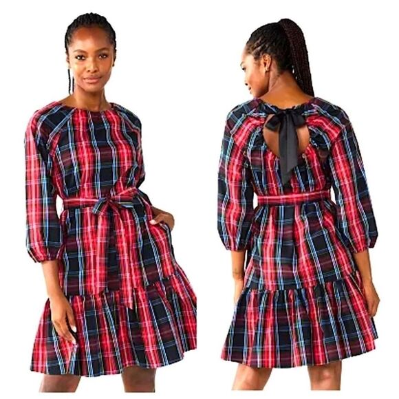 NEW Draper James RSVP Holiday Tartan Plaid Open Back Bow Ruffle Dress Size SMALL - Picture 1 of 5